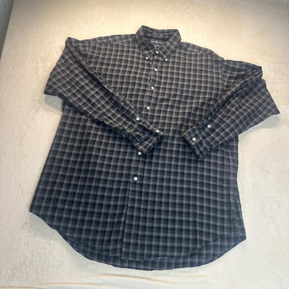 Vintage 90s Ralph Lauren Blake Plaid Button Down Shirt Mens Large Grey Black